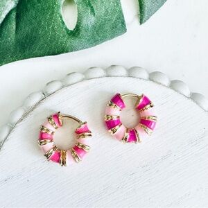 2/$30🌵 Gold Tone Pink Enamel Two Tone Huggies Thick Hoop Earrings Jewelry NEW